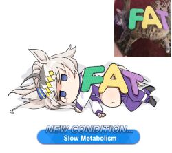  1girl animal_ears big_belly black_shoes blue_eyes blue_track_suit blush cat commentary deformed diamond_hairband english_commentary english_text fat foam gameplay_mechanics grey_hair highres horse_ears horse_girl horse_tail jitome long_hair lying no_mouth no_nose oguri_cap_(umamusume) on_floor on_side photo-referenced photo_inset ponytail reference_inset rug sbarky38 shoes sidelocks simple_background solo tail tearing_up track_suit umamusume white_background white_hair white_sleeves x_navel 
