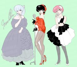  3girls bare_shoulders benten_(urusei_yatsura) black_gloves black_hair blue_dress blue_eyes blue_hair commentary_request dress earrings fishnet_pantyhose fishnets full_body gloves green_background high_heels holding holding_microphone holding_microphone_stand jewelry mendako_da microphone microphone_stand multicolored_dress multiple_girls oyuki_(urusei_yatsura) pantyhose pink_eyes pink_hair ponytail ran_(urusei_yatsura) red_dress ribbon short_hair signature simple_background standing urusei_yatsura 