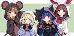  4girls animal_costume animal_hands animal_hood blonde_hair blue_hair blush brown_eyes brown_hair cat_costume commentary_request cookie food gloves green_eyes highres hood idolmaster idolmaster_cinderella_girls jia_wenyuan long_hair looking_at_viewer mouse_costume multiple_girls ogata_chieri open_mouth paw_gloves rabbit_costume red_eyes sajo_yukimi sheep_costume smile yorita_yoshino yusa_kozue 