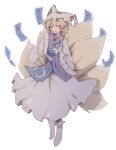  1girl blonde_hair blue_tabard dress fox_tail full_body hair_between_eyes hand_up hat highres long_sleeves looking_at_viewer multiple_tails no_shoes ofuda parted_lips pillow_hat short_hair simple_background sleeves_past_fingers sleeves_past_wrists slit_pupils smile socks solo tabard tail touhou white_background white_dress white_headwear white_legwear wide_sleeves yakumo_ran yellow_eyes zhuanjia710 