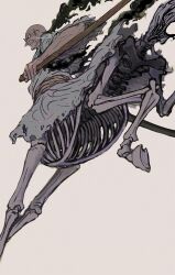  1boy absurdres bakotsu_(youkai) bald centaur commentary devil_fruit_power ethan-baron_v._nusjuro galloping glasses hagoromo highres holding holding_stick looking_at_viewer male_focus old old_man one_piece profile robe shawl skeleton stick sutaneko symbol-only_commentary taur torn_clothes twitter_username white_robe 