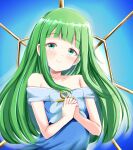 1girl andrew_(duel_angel) ankh bangs bare_shoulders blue_dress blush breasts commentary dian_keto_the_cure_maiden dress duel_monster eyebrows_visible_through_hair eyes_visible_through_hair flat_chest green_eyes green_hair highres long_hair looking_at_viewer own_hands_together praying smile yu-gi-oh! yu-gi-oh!_go_rush!!