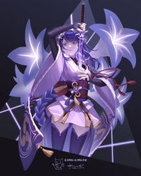  1girl arm_up armor artist_name black_background blunt_bangs braid bridal_gauntlets closed_mouth commentary_request electricity fan_hair_ornament floral_background flower flower_ornament genshin_impact glowing gradient_hair hair_ornament head_tilt highres holding holding_sword holding_weapon human_scabbard japanese_clothes kimik kimono long_braid long_hair long_sleeves looking_at_viewer mitsudomoe_(shape) mole mole_under_eye multicolored_eyes multicolored_hair musou_isshin_(genshin_impact) neck_ribbon off_shoulder pink_lips powering_up purple_flower purple_kimono purple_nails purple_thighhighs raiden_shogun red_ribbon red_sash ribbon sash shade shoulder_armor signature single_braid solo streaked_hair sword thick_lips thigh-highs tomoe_(symbol) upper_body violet_eyes weapon wide_sleeves 