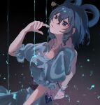  1girl bangs blue_dress blue_eyes blue_hair breasts collarbone dress drill_hair gradient gradient_background grey_background hair_between_eyes hair_ornament hair_rings hair_stick hand_up highres kaku_seiga looking_at_viewer mimino_courou parted_lips puffy_short_sleeves puffy_sleeves shawl short_hair short_sleeves simple_background solo touhou upper_body vest water 