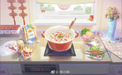  apple apple_slice bag blueberry bowl box can canned_food chinese_knot chinese_paper-cut chopsticks cooking_pot counter day doily dried_jujube fish_(food) flour flower food food_focus fruit garnish glass_bowl hanxiaodan highres indoors kitchen ladle lemon lemon_slice lettuce lovebrush_chronicles meat no_humans official_art orange_flower paper_bag plaid_tablecloth plate raw_meat reflective_surface salt_shaker soup stove tablecloth tomato tomato_slice tree vase watermark weibo_watermark window window_blinds yellow_flower 