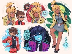  ... 1girl 1other alternate_color alternate_costume alternate_hairstyle animal_ears belt blonde_hair blue_skin breasts brown_fur brown_hair coat colored_skin cosplay deer deer_ears deltarune dress english_commentary english_text freckles full_body furry ghost_trick goomyloid grey_dress grin high_ponytail highres hooves jacket kris_(dark_world)_(deltarune) kris_(deltarune) looking_at_viewer looking_down looking_to_the_side lynne_(ghost_trick) medium_breasts medium_hair multiple_views necktie noelle_holiday parody pink_jacket police_badge ponytail popped_collar profile red_suit reindeer scratching_head short_hair sidelocks sissel_(ghost_trick) smile speech_bubble suit sunglasses sweatdrop trench_coat utdr_(toby_fox) white_necktie zipper_pull_tab 