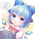  1girl 1other ahoge bangs blue_bow blue_dress blue_eyes blue_hair blush bow bowtie cirno collared_shirt commentary_request dress eyebrows_visible_through_hair fingernails food hair_between_eyes hands_up ice ice_cream ice_wings long_fingernails looking_at_another looking_up open_mouth pjrmhm_coa puffy_short_sleeves puffy_sleeves red_bow red_bowtie shirt short_hair short_sleeves speech_bubble star_(symbol) touhou white_background white_shirt wings yellow_background 