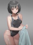  1girl amagami black_hair black_swimsuit breasts brown_eyes competition_swimsuit cowboy_shot gradient gradient_background grey_background highres looking_at_viewer nanasaki_ai one-piece_swimsuit rokuba short_hair small_breasts solo standing swimsuit two-tone_swimsuit 