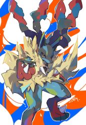  animal_focus black_fur blue_fur body_fur highres kokodari long_hair lucario mega_lucario mega_pokemon multicolored_fur no_humans pokemon pokemon_(creature) pokemon_focus red_eyes snout solo spikes yellow_fur 