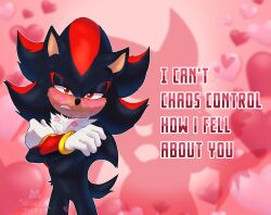  1boy angry animal_ears animal_nose artist_name black_fur black_hair blurry blurry_background blush body_fur clenched_teeth commentary cowboy_shot crossed_arms embarrassed english_commentary furrowed_brow furry furry_male gloves half-closed_eyes heart heart_background lipstick_mark lipstick_mark_on_face lipstick_mark_on_leg looking_at_viewer male_focus multicolored_hair neck_fur outline pink_background purrrquernya red_eyes red_fur red_hair rouge_the_bat shadow_the_hedgehog short_tail silhouette solo sonic_(series) spiky_hair standing tail teeth two-tone_hair valentine watermark white_fur white_gloves white_outline 