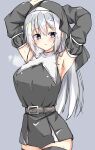  1girl arms_up blue_eyes blush character_request copyright_request dot_nose grey_hair highres raion_(inoueraion) simple_background solo tagme 
