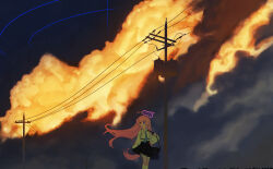  1girl ahoge black_skirt blue_archive blue_eyes blue_necktie cloud_focus clouds commentary_request dress_shirt feet_out_of_frame halo hashtag-only_commentary heterochromia highres hoshino_(blue_archive) jaeb_(kkrt0302) long_hair looking_afar looking_to_the_side necktie orange_clouds orange_eyes outdoors pink_hair pink_halo power_lines scenery shirt skirt solo sunset utility_pole very_long_hair white_shirt 