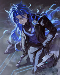  1boy absurdres black_jacket black_pants black_suit blue_hair blue_lips blue_shirt cellphone commentary eyeshadow hands_in_pocket heartki highres holding holding_phone idia_shroud jacket long_hair makeup male_focus messy_hair non-humanoid_robot open_clothes open_jacket pants phone robot shirt sidelocks solo suit twisted_wonderland very_long_hair yellow_eyes 