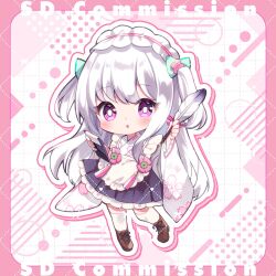  1girl :o apron blue_skirt blush boots border bright_pupils brown_boots chibi chibi_only clipboard commentary_request commission feathers frilled_apron frilled_hairband frilled_skirt frills full_body grid_background hairband holding holding_clipboard holding_feather irori japanese_clothes kimono lace-up_boots long_hair long_sleeves looking_at_viewer open_mouth original pink_border pink_eyes pink_hairband pleated_skirt skirt solo standing thigh-highs two_side_up watermark watermark_grid white_apron white_background white_hair white_kimono white_pupils white_thighhighs wide_sleeves zettai_ryouiki 