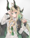  1girl ahoge arknights bangs black_jacket blonde_hair blush commentary_request eyebrows_visible_through_hair eyewear_removed green_eyes grey_background hands_up highres horns jacket jacket_on_shoulders kinouta_kokage long_hair long_sleeves looking_at_viewer official_alternate_costume partial_commentary reed_(arknights) reed_(emerald_holiday)_(arknights) shirt smile solo sunglasses upper_body very_long_hair white_shirt 