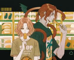  1boy 1girl absurdres animal brother_and_sister closed_mouth collarbone elden_ring elden_ring:_shadow_of_the_erdtree food green_shirt hand_up highres holding holding_food holding_popsicle medium_hair melina_(elden_ring) messmer_the_impaler one_eye_closed ponytail popsicle profile rakita red_hair red_snake shirt short_hair short_ponytail siblings snake sweat t-shirt yellow_background yellow_eyes 