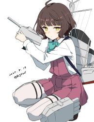  1girl absurdres adapted_turret ahoge anti-aircraft_gun aqua_bow aqua_bowtie artillery bigkwl blush bow bowtie brown_eyes brown_hair cannon dress grey_pantyhose highres holding holding_turret kantai_collection kishinami_(kancolle) long_sleeves looking_at_viewer machinery pantyhose pleated_dress purple_dress rigging school_uniform seamed_legwear ship_turret shirt short_hair smokestack solo torpedo torpedo_launcher torpedo_tubes wavy_hair white_background white_shirt yellow_eyes 