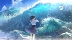  1girl beach black_hair blue_sky bow_(music) closed_eyes clouds facing_away floating_hair from_behind holding_bow_(music) instrument long_hair m.b medium_skirt motion_blur music playing_instrument pleated_skirt school_uniform shirt skirt sky solo standing surges_(song) violin water_drop waves white_shirt wind wind_lift 