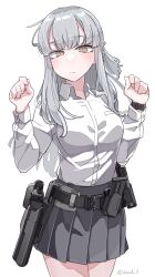  1girl absurdres artist_name belt brown_eyes closed_mouth collared_shirt cowboy_shot desert_(deserteagle0321) desert_eagle dress_shirt grey_hair grey_skirt gun handgun hands_up highres holster holstered long_hair looking_at_viewer magazine_(weapon) original pleated_skirt shirt simple_background skirt solo twitter_username weapon white_shirt 