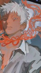  1boy arm_up blood blood_from_eyes blue_eyes collared_shirt highres hikaru_ga_shinda_natsu indou_hikaru male_focus open_collar parted_lips shirt solo teeth upper_body w9rm0000 white_hair white_shirt wing_collar 