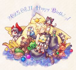  1boy aerith_gainsborough animalization armor baggy_pants barret_wallace black_gloves black_pants blonde_hair boots brown_boots buster_sword cait_sith_(final_fantasy) cape character_doll chocobo cid_highwind closed_eyes cloud_strife crown dated doll fat_chocobo final_fantasy final_fantasy_vii finger_to_mouth gloves happy_birthday highres materia mini_crown pants parted_lips pauldrons red_cape red_xiii rukashio sabotender short_hair shoulder_armor single_bare_shoulder single_pauldron sleeping sleeveless sleeveless_turtleneck spiky_hair stuffed_animal stuffed_toy sunglasses suspenders teddy_bear tifa_lockhart turtleneck tuxedo_cat vincent_valentine white_gloves yuffie_kisaragi zack_fair 
