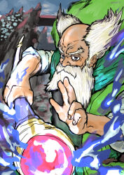  1boy balding beard brey cloak dragon_quest dragon_quest_iv facial_hair fighting_stance furrowed_brow green_cloak green_tunic highres holding holding_staff magic male_focus naga160oji old old_man shirt sketch sleeves_rolled_up solo staff tunic white_hair white_shirt 