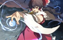  1girl absurdres ascot bow brown_hair commentary_request danmaku detached_sleeves frilled_bow frilled_hair_tubes frills hair_bow hair_tubes hakurei_reimu highres long_hair looking_at_viewer open_mouth red_bow red_eyes red_skirt ribbon-trimmed_sleeves ribbon_trim shimiya_jin skirt skirt_set solo touhou yellow_ascot yin_yang 