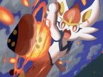  absurdres bright_pupils cinderace clouds commentary_request fire highres jira_(ziraiya26) looking_at_viewer open_mouth orange_eyes outdoors pokemon pokemon_(creature) sky solo tongue white_pupils 