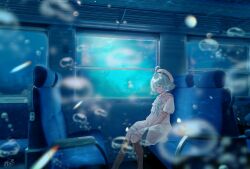  1girl ahoge air_bubble aquarium_wa_odoranai blue_hair boots bow braid bubble closed_eyes daidai_(nana1234567) dress hat highres knee_boots puffy_short_sleeves puffy_sleeves sailor_collar short_hair short_sleeves sitting solo submerged suze_(aquarium_wa_odoranai) train_interior underwater white_dress window 