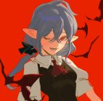  1girl 3000tan ;d ascot bat black_vest blue_hair blush chinese_commentary collared_shirt commentary_request hair_between_eyes long_hair looking_at_viewer low_ponytail lower_teeth one_eye_closed pointy_ears puffy_short_sleeves puffy_sleeves red_ascot red_background red_eyes remilia_scarlet shirt short_sleeves simple_background smile solo teeth touhou upper_body vest white_shirt 