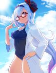  .live 1girl absurdres adjusting_eyewear alternate_costume bespectacled breasts carro_pino collarbone commentary_request glasses hat headband highres labcoat lens_flare long_hair looking_at_viewer medium_breasts purple_hair rikuton school_swimsuit sky solo swimsuit violet_eyes virtual_youtuber 
