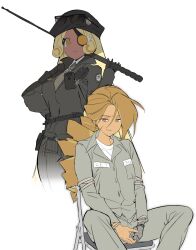  2girls :> @_@ asymmetrical_bangs belt black-framed_eyewear black_belt black_gloves black_hat black_jacket black_pants blonde_hair breasts brown_eyes brown_hair buttons chair closed_mouth collared_jacket collared_shirt cookie_run cookie_run:_ovenbreak croissant_cookie croissant_cookie_(director_of_the_tbd) cropped_legs curly_sidelocks curtained_hair dark-skinned_female dark_skin dot_nose drill_hair drill_ponytail eyepatch eyewear_on_head feet_out_of_frame folding_chair gloves grey_necktie grey_pants grey_shirt grin hair_between_eyes hand_on_own_hip hand_up hat heterochromia highres holding humanization jacket large_breasts long_hair long_sleeves looking_ahead looking_at_viewer low_ponytail mechanical_arms multicolored_hair multiple_girls necktie official_alternate_hair_length official_alternate_hairstyle ohta_guk_hip on_chair one_eye_covered orange_hair own_hands_together pants phone pinstripe_pants pinstripe_pattern pocket polka_dot_necktie ponytail protected_link restrained scar scar_on_cheek scar_on_face shirt simple_background single_empty_eye single_mechanical_arm sitting small_breasts smile spread_legs standing streaked_hair sunglasses timekeeper_cookie two-tone_hair v_arms very_long_hair white_background white_shirt 