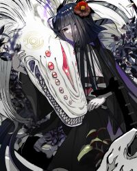  1girl asa_no_ha_(pattern) biwa_lute black_choker black_eyes black_hair black_hakama black_haori black_sash blunt_bangs blunt_sidelocks camellia choker commentary creature eyeliner fate/grand_order fate_(series) flower hair_flower hair_ornament hair_over_one_eye hakama hand_on_lap haori highres instrument iris_(tb33064667) japanese_clothes kimono komahime_(fate) leaf lipstick long_hair long_sleeves looking_at_viewer lute_(instrument) makeup obi pale_skin parted_lips petting red_eyeliner red_flower red_lips sash sidelocks sitting solo white_kimono wide_sleeves 