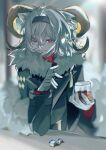  1girl animal_ears arknights backlighting bangs black_coat black_hairband blurry blurry_background carnelian_(arknights) carnelian_(hohenlohe_chillysand)_(arknights) closed_mouth coat cup dice drink drinking_glass fur-trimmed_coat fur_trim gloves goat_ears goat_girl goat_horns grey_hair gun hair_between_eyes hairband highres holding holding_gun holding_weapon horns long_sleeves looking_at_viewer official_alternate_costume red_eyes short_hair smile solo tokinhr upper_body weapon white_gloves 