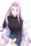  1girl black_sweater blue_pants book breasts chilli_646 denim eyewear_removed fate/grand_order fate_(series) glasses holding holding_book holding_eyewear jeans large_breasts long_hair long_sleeves medusa_(fate) medusa_(rider)_(fate) open_book pants purple_hair sitting solo sweater very_long_hair violet_eyes 