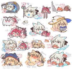  aesc_(fate) aesc_(rain_witch)_(fate) artoria_caster_(fate) artoria_pendragon_(fate) baobhan_sith_(fate) black_bow blue_eyes blush book bow cernunnos_(fate) closed_eyes fate/grand_order fate_(series) fujimaru_ritsuka_(female) glasses hair_between_eyes hair_bow hat highres holding holding_book holding_polearm holding_staff holding_weapon leonardo_da_vinci_(fate) long_hair mascot morgan_le_fay_(fate) morgan_le_fay_(water_princess)_(fate) open_mouth orange_hair pink_hair polearm ponytail simple_background smile staff throne weapon white_background white_hair witch_hat xs0z05wxzb52697 