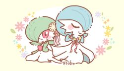  alternate_color artist_name asakoline blue_hair blue_skin bob_cut chibi closed_eyes colored_skin dress floral_background flower gardevoir green_hair green_skin hair_flower hair_ornament multicolored_skin pink_eyes pokemon pokemon_(creature) shiny_pokemon two-tone_skin white_dress white_skin 