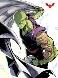  1boy alien antennae artist_name aura bald batm_andrew colored_skin dougi dragon_ball green_skin highres looking_at_viewer muscular muscular_male no_eyebrows pants piccolo pointy_ears purple_pants purple_shirt red_eyes removing_cape shirt sleeveless sleeveless_shirt smirk solo turban wristband 