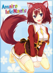  1girl :d ahoge amairo_islenauts animal_ears back_bow between_breasts between_legs blue_background blue_eyes blush bow breasts brown_corset clenched_hand commentary_request copyright_name corset cropped_jacket fangs full_body hair_between_eyes hair_ornament hand_between_legs happy jacket karukan_(karukann) kneeling lace-trimmed_skirt lace_trim large_breasts leaning_forward long_sleeves looking_at_viewer masaki_gaillard medium_hair miniskirt necktie necktie_between_breasts no_shoes open_clothes open_jacket open_mouth pleated_skirt red_hair red_jacket red_skirt ribbed_thighhighs school_uniform shirt simple_background skirt smile solo tail tail_raised teeth thigh-highs thighs tiptoes v_arms white_shirt wolf_ears wolf_girl wolf_tail x_hair_ornament yellow_necktie yellow_thighhighs zettai_ryouiki 