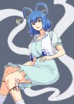  1girl belt blue_dress blue_eyes blue_hair breasts dress feet_out_of_frame flower from_below grey_background hagoromo hair_ornament hair_rings hair_stick highres kakone kaku_seiga knees_together_feet_apart looking_at_viewer open_clothes open_vest outline puffy_short_sleeves puffy_sleeves shawl short_hair short_sleeves simple_background socks solo touhou vest white_legwear white_outline white_vest 