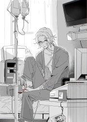 1boy aotsuki_eito barefoot bed blood blood_bag blood_on_fork blood_on_hands computer curtains foot_out_of_frame fork glasses highres hikarudaihuku holding holding_fork hospital hospital_bed hospital_gown id_card indoors intravenous_drip iv_stand leg_up looking_at_viewer male_focus monitor monochrome no_shirt parted_lips short_hair solo spot_color syringe television the_hundred_line_-last_defense_academy- twitter_username watermark window 