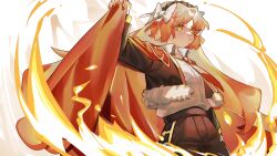  1girl absurdres arrow_(symbol) black_hairband black_jacket bow brown_pants cape closed_mouth collared_shirt cowboy_shot e.g.o_(project_moon) fire freckles fur-trimmed_jacket fur_trim green_eyes hair_bow hairband hand_up highres holding ishmael_(project_moon) jacket limbus_company long_hair long_sleeves looking_at_viewer necktie open_clothes open_jacket orange_hair pants project_moon red_cape red_necktie shirt simple_background solo standing toeiki_c white_background white_bow white_shirt 