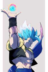  1boy abs aqua_eyes aqua_hair belt black_vest blue_belt border cropped_vest dragon_ball dragon_ball_super dragon_ball_super_broly gogeta grey_background hand_up living_(nsiring) male_focus metamoran_vest muscular muscular_male pectorals pillarboxed short_hair solo spiky_hair super_saiyan super_saiyan_blue vest white_border wristband 
