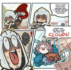  !? 1boy 1girl 4girls assassin's_creed_(series) assassin's_creed_ii bangs_blown_up black_pants blue_dress blue_scarf boots brown_boots brown_hair cape chibi dress english_text ezio_auditore_da_firenze falling flutterpage highres hood hood_up jumping multiple_girls open_mouth orange_scarf pants red_cape reverse:1999 scarf shirt smile speech_bubble surprised sweat two-tone_scarf ufu_fluffy white_shirt 