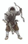  1boy absurdres black_gloves black_hair boots bow_(weapon) brown_pants facing_viewer full_body fur_jacket gloves goggles highres holding holding_bow_(weapon) holding_weapon hood hood_up inuit jacket male_focus mossacannibalis original pants solo standing weapon white_background 