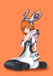  1girl bare_shoulders bodysuit breasts commentary_request headgear jinn_(popmart) large_breasts looking_at_viewer mecha_musume mechanical_ears mechanical_tail orange_background orange_hair original red_eyes sitting skin_tight solo tail wariza 