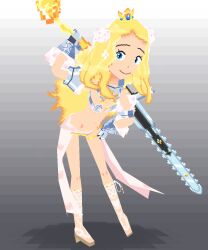  1girl 3d armlet armor armored_gloves bikini_armor black_background blonde_hair blue_eyes code_of_princess crown deluxcalibur_(code_of_princess) flower gauntlets gorget gradient_background grey_background hair_flower hair_ornament hand_on_own_hip holding holding_sword holding_weapon jewelry long_hair looking_at_viewer low_poly sandals shadow sidelocks smile solange_blanchefleur_de_luxe spoopthespoopster sword weapon white_background zweihander 