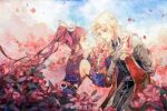  1boy 1girl absurdres back belt chi_meng_(hua_jianghu_zhi_bei_mo_ting) falling_petals field flower flower_field hair_ornament highres holding_hands hua_jianghu_zhi_bei_mo_ting long_hair looking_at_another open_mouth petals ponytail purple_hair sidelocks sky smile teeth white_hair ying_yi_han_guang 