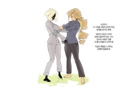  2girls barefoot black_pants blonde_hair breasts brown_hair closed_eyes collared_shirt cookie_run cookie_run:_ovenbreak croissant_cookie croissant_cookie_(director_of_the_tbd) drill_hair drill_ponytail dual_persona facing_another from_side full_body grey_pants grey_shirt hands_on_another's_arms highres humanization korean_text large_breasts long_hair low_ponytail mechanical_arms multiple_girls official_alternate_hair_length official_alternate_hairstyle ohta_guk_hip on_grass pants ponytail profile protected_link scar scar_on_arm shirt short_hair simple_background single_mechanical_arm standing timekeeper_cookie timekeeper_cookie_(ruler_of_the_ephemeral_flow) translation_request u_u very_long_hair white_background 