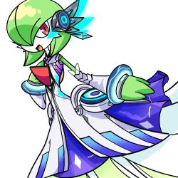  bob_cut clothed_pokemon colored_skin detached_sleeves dress gardevoir gardevoir_(songstress) green_hair green_skin hair_over_one_eye highres looking_at_viewer mikanbouzuuu multicolored_skin open_mouth pink_eyes pokemon pokemon_(creature) pokemon_unite simple_background smile two-tone_skin white_background white_skin 